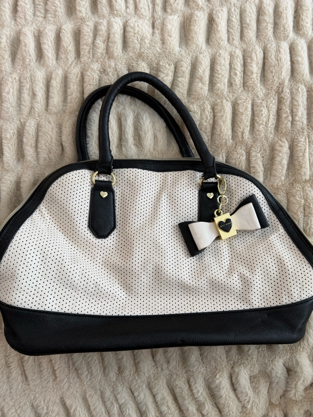 Betsey Johnson Black & White Perforated Bow Satchel with Heart Charm